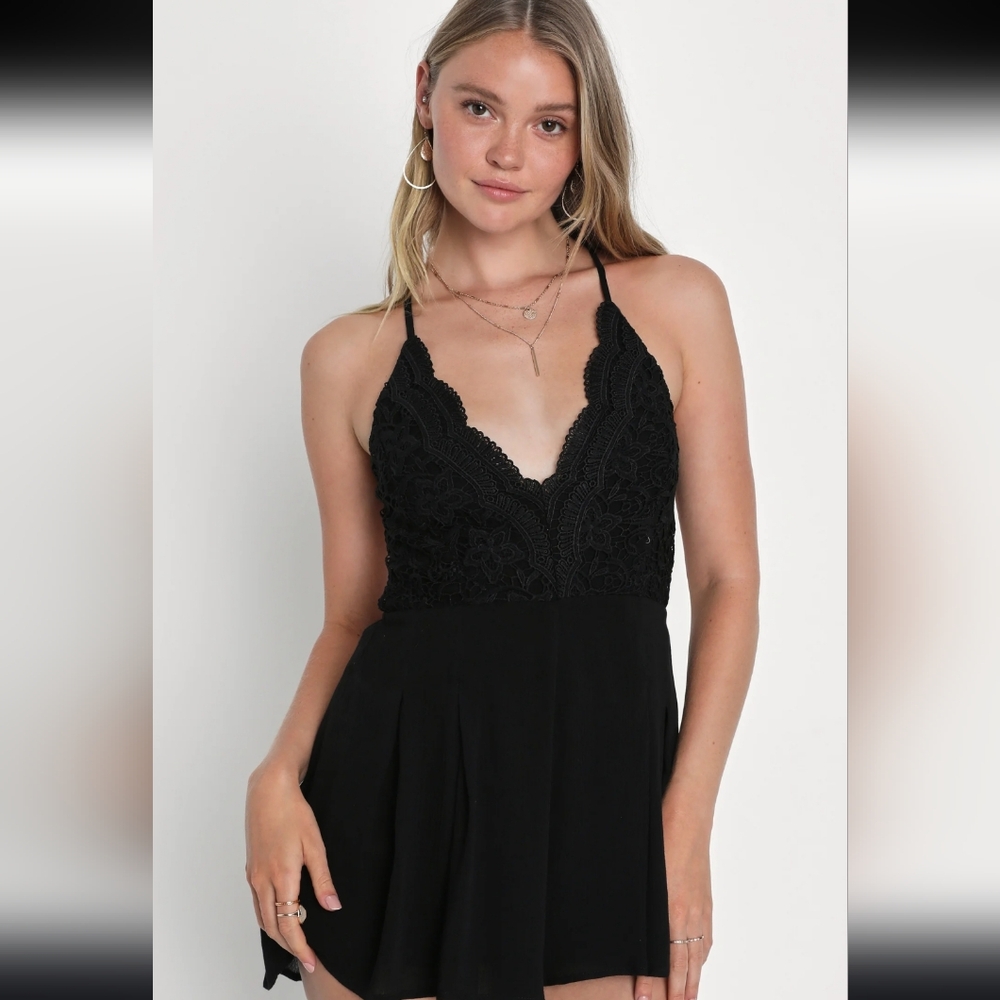 Lulu's Star Spangled Black Backless Lace Romper S
